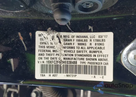 2017 Honda Civic Lx from USA, damaged, VIN 19XFC2F68HE038488